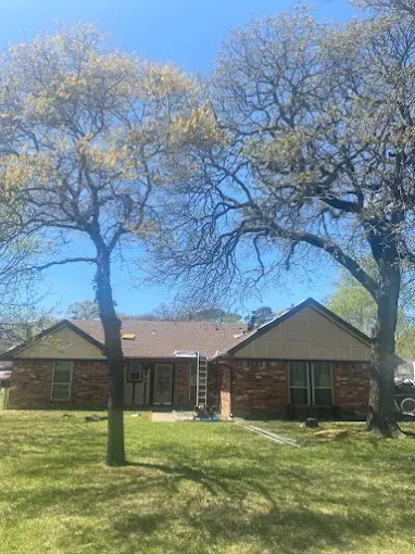 House with brown roof, brick exterior, two large trees in front, ladder on lawn.