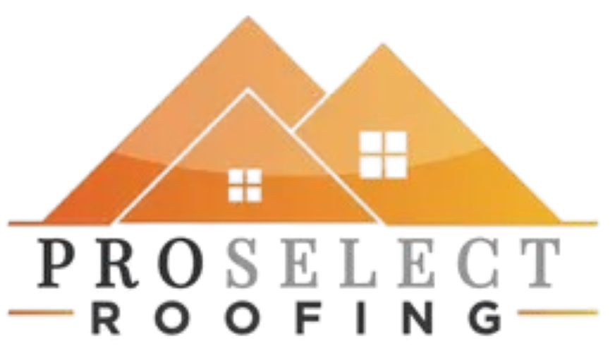 Logo for ProSelect Roofing with three orange house shapes and the company name.