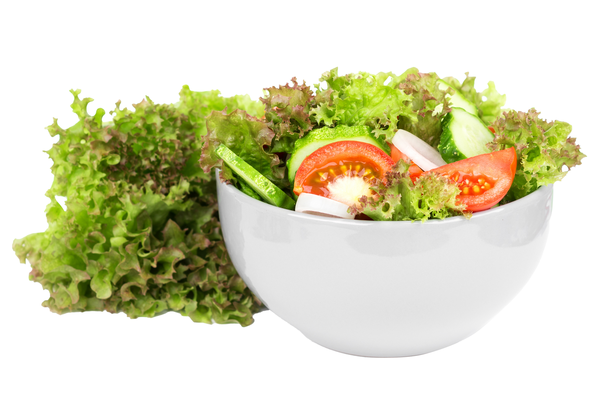 A bowl of salad with lettuce , tomatoes , cucumbers and onions on a white background. A bowl of salad with lettuce , tomatoes , cucumbers and onions on a white background.