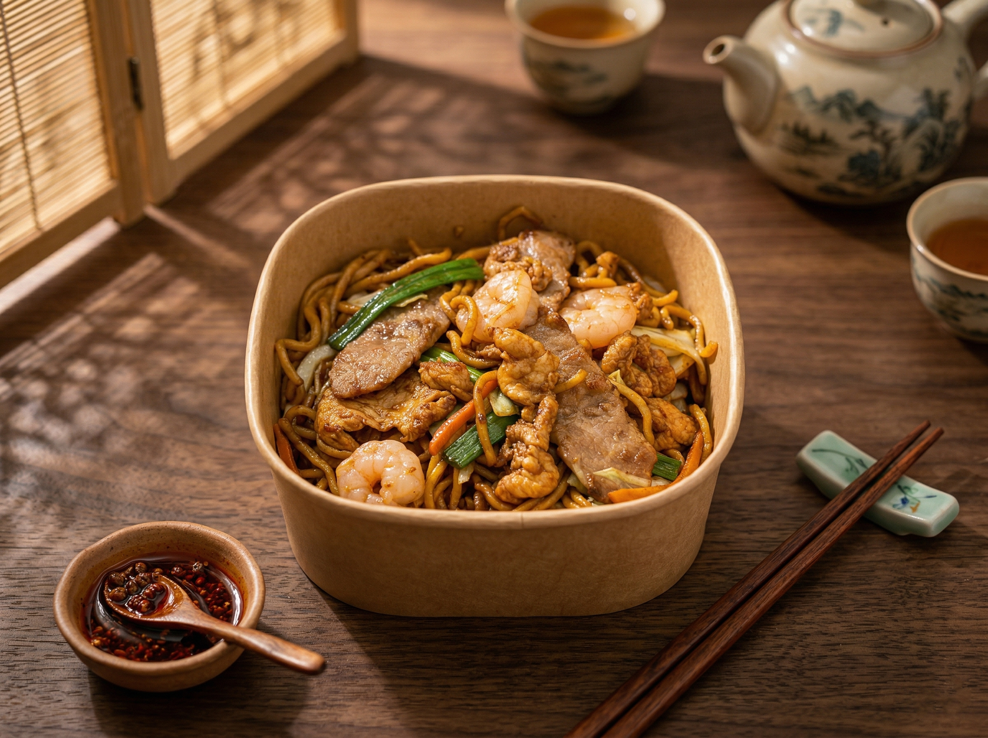 A bowl of stir-fried noodles with shrimp and meat served on a wooden table with a side of chili sauce, tea, and chopsticks.