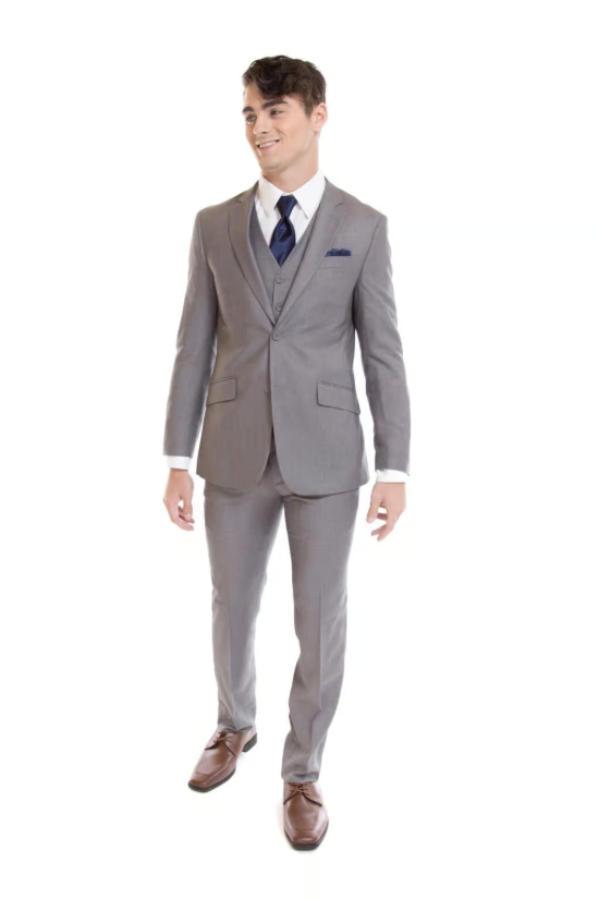 Man in a light gray suit with blue tie standing against a white background