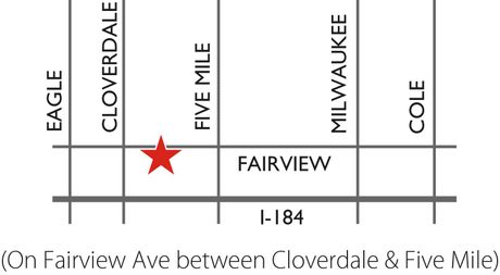 Map showing a red star on Fairview Ave between Cloverdale and Five Mile, near I-184.