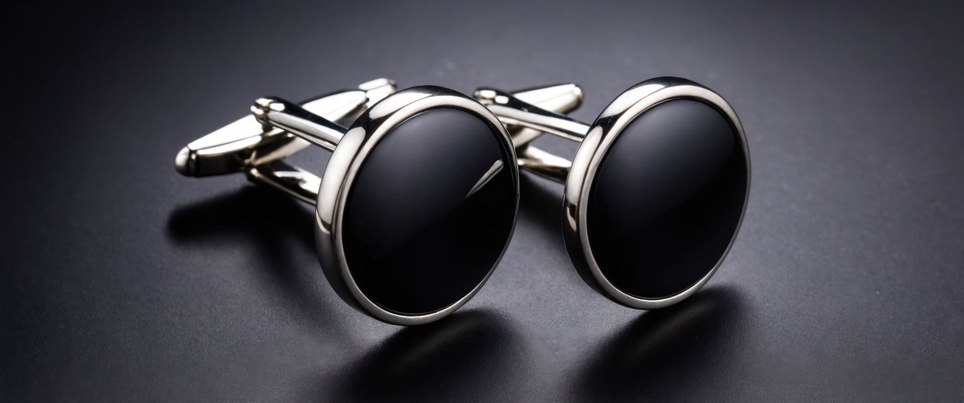 Pair of black round cufflinks on a dark surface.