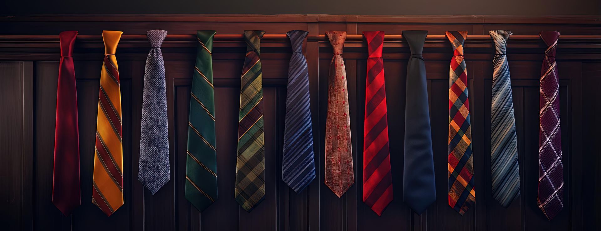 A row of colorful neckties hanging on a rack against a dark background.