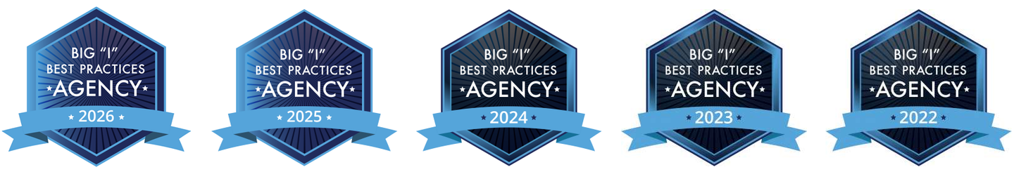 Four blue award badges reading “Best Practices Agency,” with years 2021, 2022, 2023, and 2024.