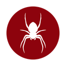 White spider silhouette on a red circle.