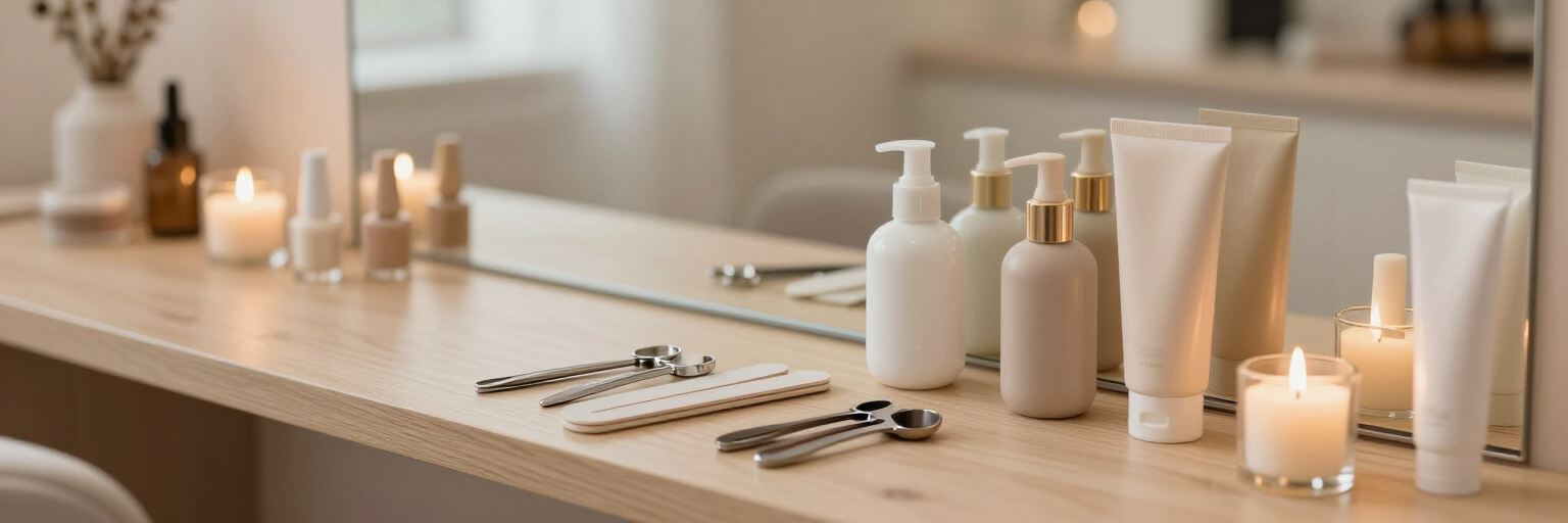 Encimera de spa con botellas de loción, velas, toallas enrolladas y artículos de aseo personal en un ambiente cálido y beige.