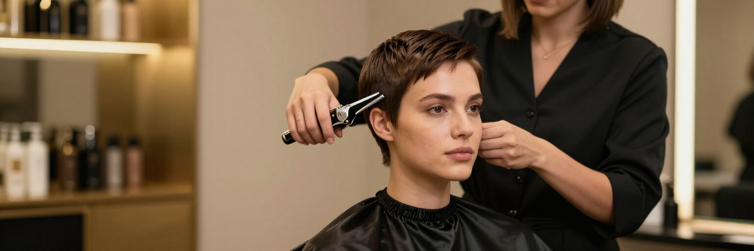 Estilista cortando el pelo corto a una clienta sentada en un salón de belleza.