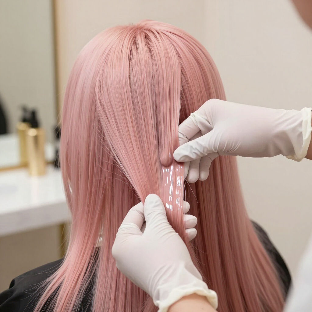 Manos enguantadas separan el cabello rosa con un peine en un entorno de peluquería.