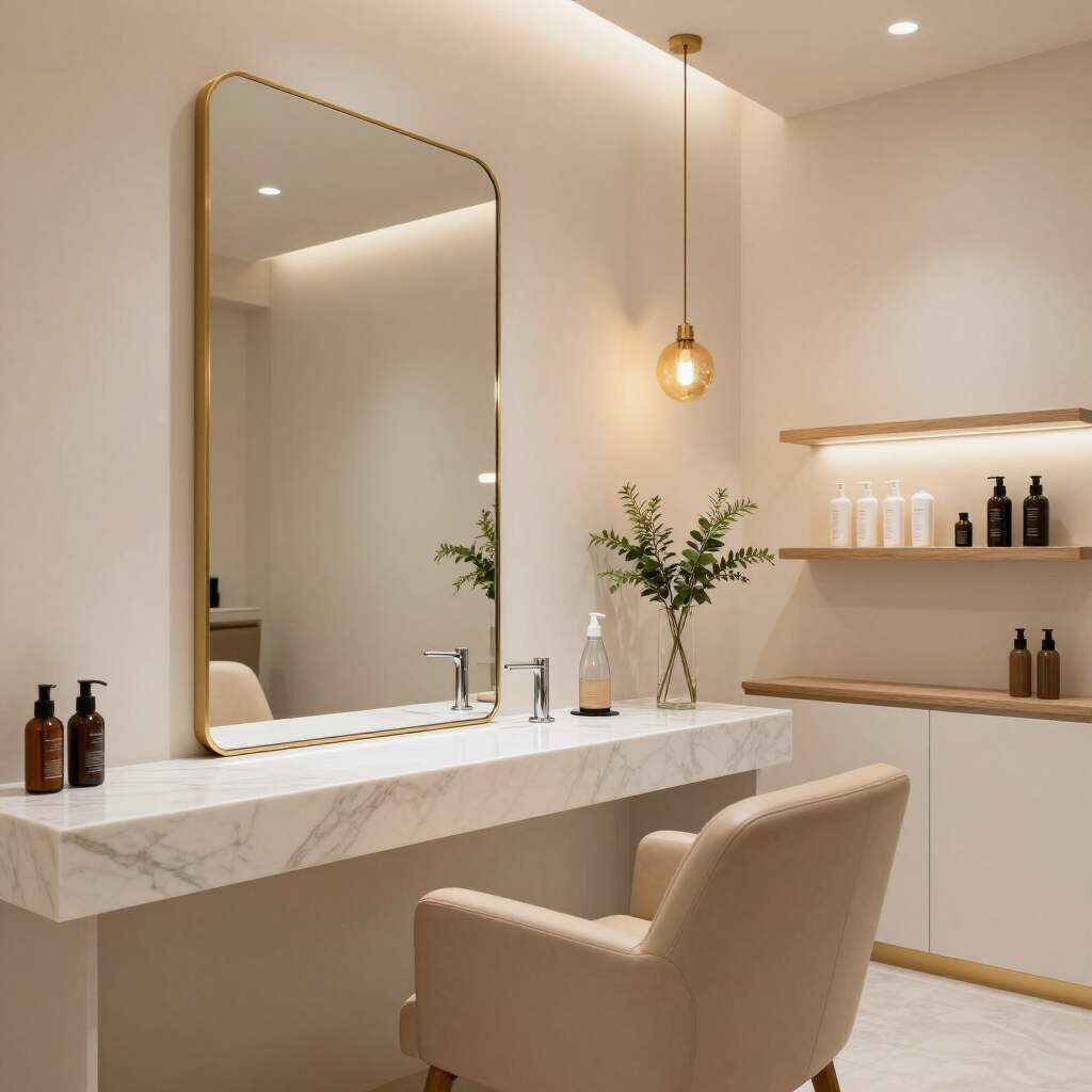 Salón moderno de color beige con mostrador de mármol, espejo con marco dorado, lámpara colgante, estantes y silla tapizada.