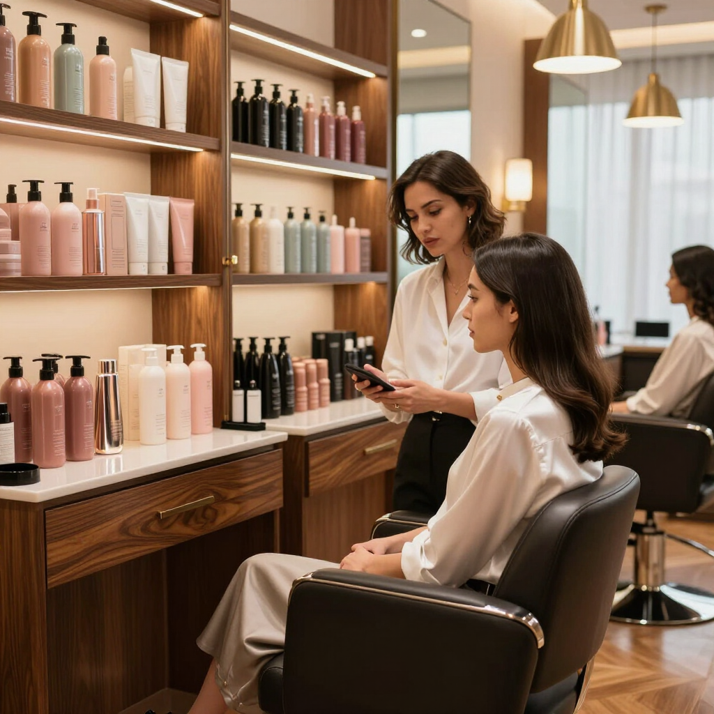 Una estilista le muestra productos para el cabello a una clienta sentada en un salón moderno con cálidas estanterías de madera e iluminación ambiental.