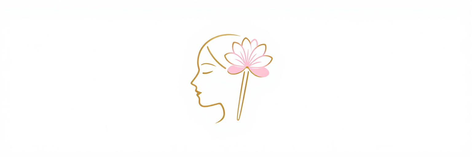 Dibujo lineal minimalista de un rostro con una flor rosa en el cabello sobre un fondo blanco.