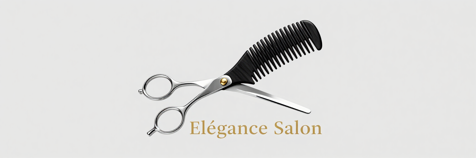 Logotipo de tijeras y peine negro con el texto “Élégance Salon” sobre fondo blanco.