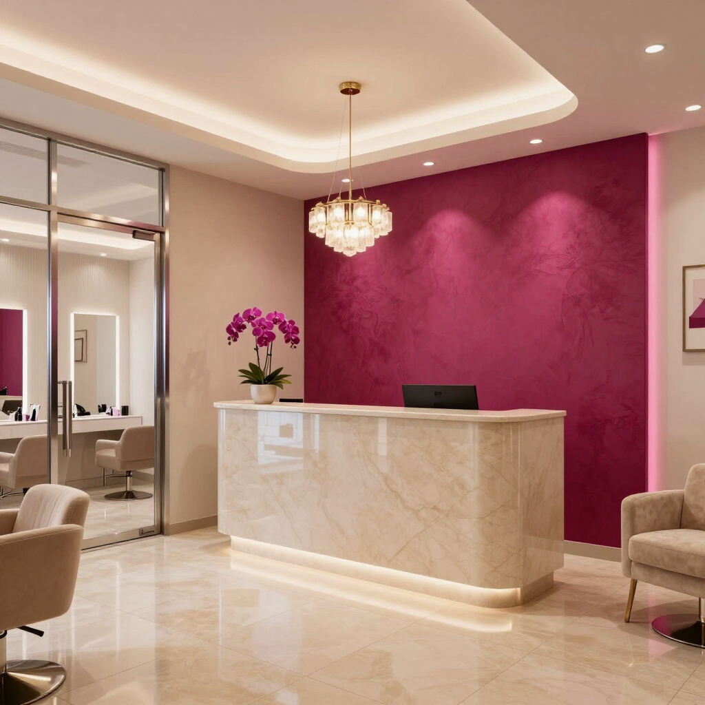 Elegante vestíbulo de hotel con mostrador de recepción de mármol, pared decorativa rosa, lámpara de araña y zona de estar.