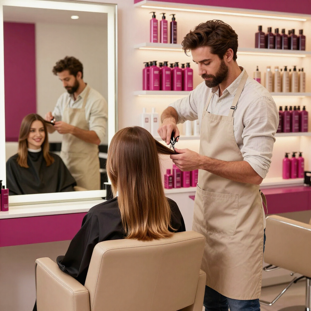 Una estilista corta el pelo en un salón luminoso con estantes de productos rosas y una clienta sentada frente a un espejo.