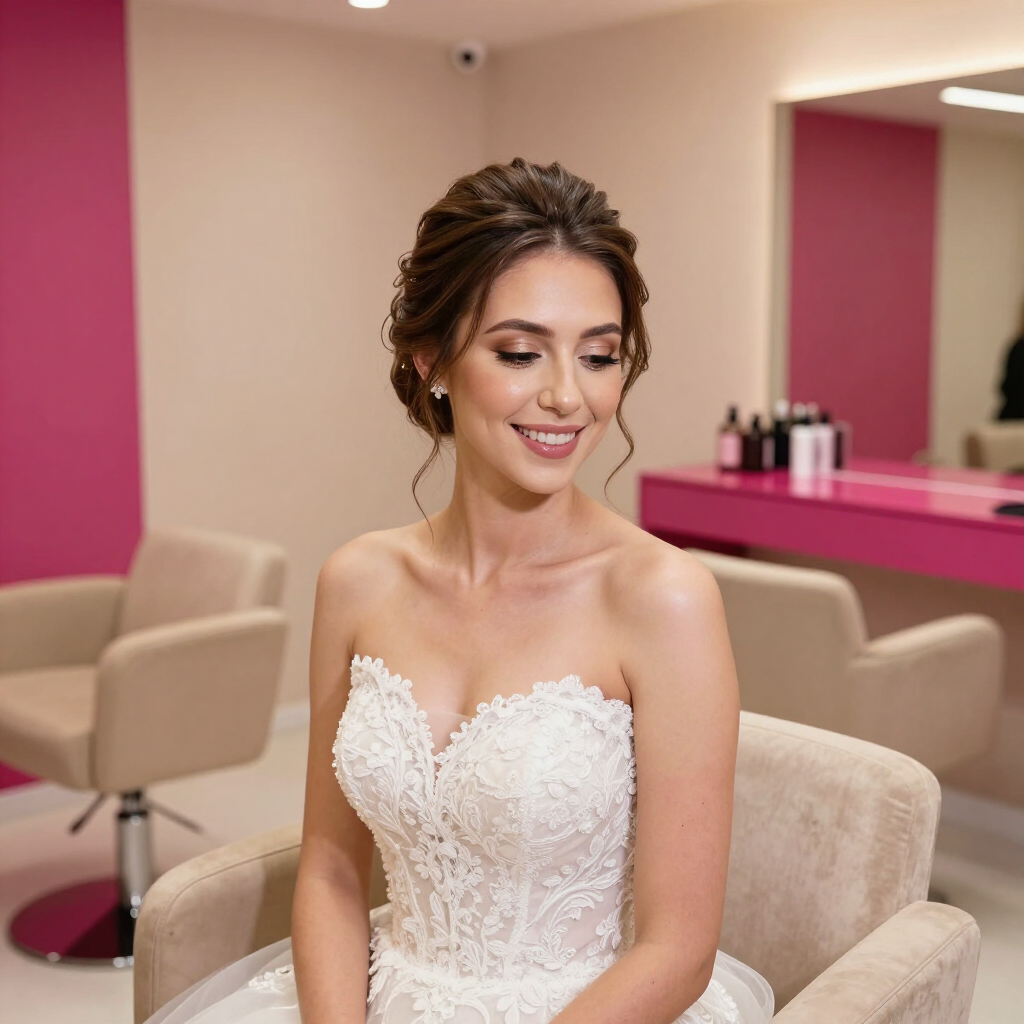 Novia con vestido de encaje blanco sonriendo en una silla de salón rosa