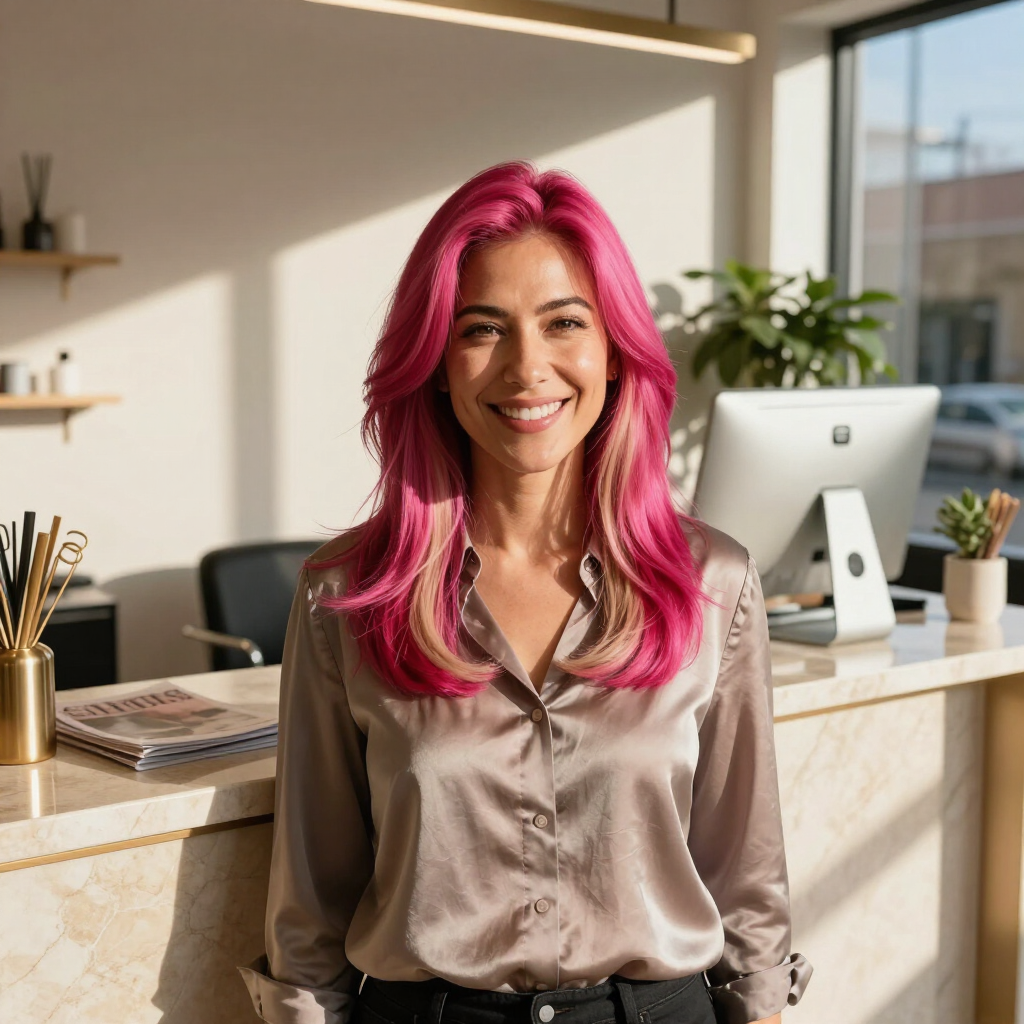 Mujer sonriente con cabello rosa brillante de pie en la recepción de una oficina moderna.