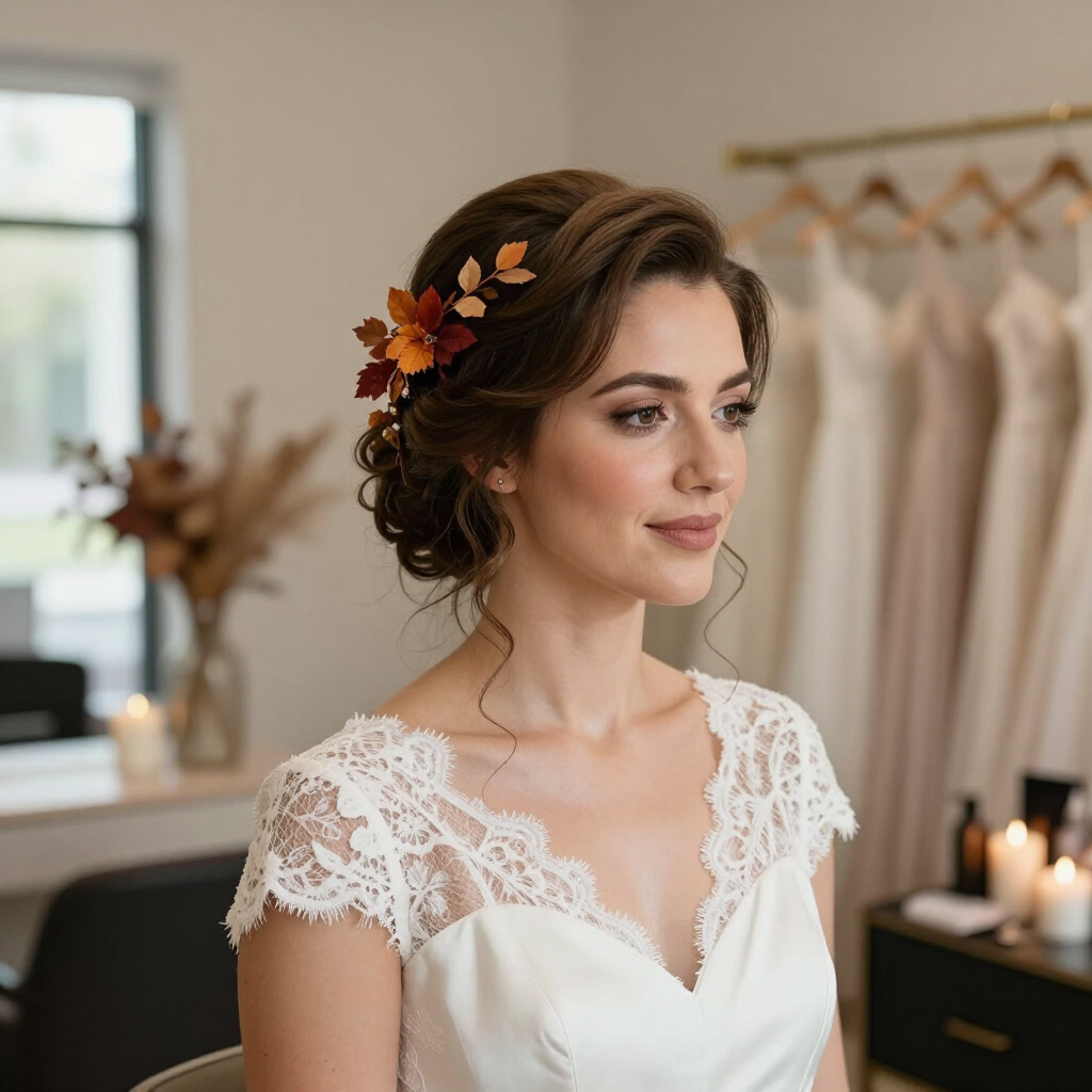 Retrato nupcial de una mujer con un vestido de encaje y un tocado floral, de pie en una suite nupcial con iluminación tenue.