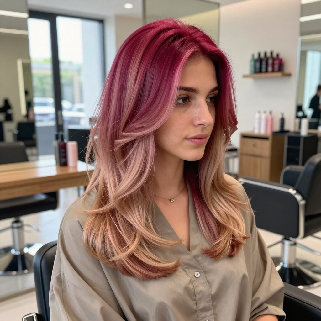 Mujer con el pelo rosa en una peluquería, vestida con una camisa beige y mirando hacia un lado.