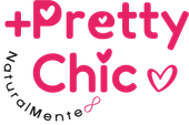 Logotipo rosa “Pretty Chic” con un corazón y las palabras “Naturally” en un diseño circular.