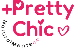 Logotipo rosa “Pretty Chic” con un corazón y las palabras “Naturally” en un diseño circular.