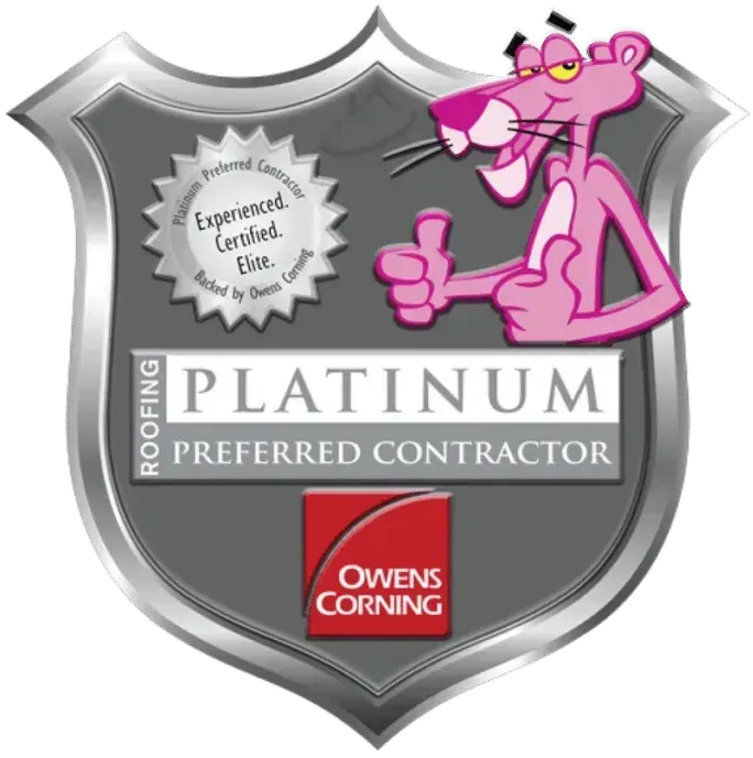 A pink panther giving a thumbs up is on a platinum preferred contractor badge