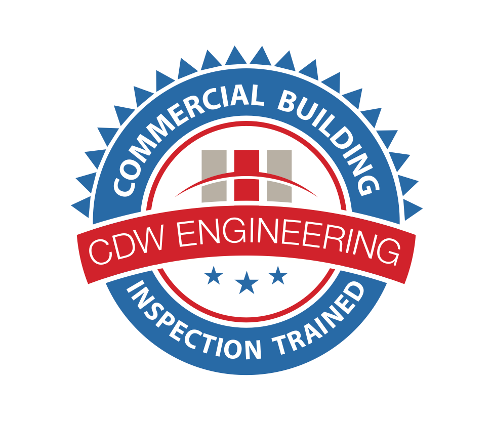 Commercial building inspection badge; blue and red circle with CDW Engineering text and logo.