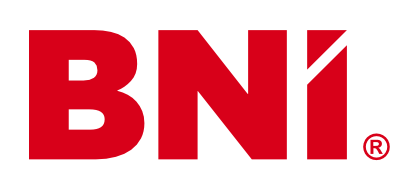 Red BNI logo with a white diagonal slash through the