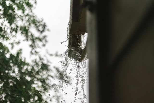 Water is coming out of a gutter on a building.