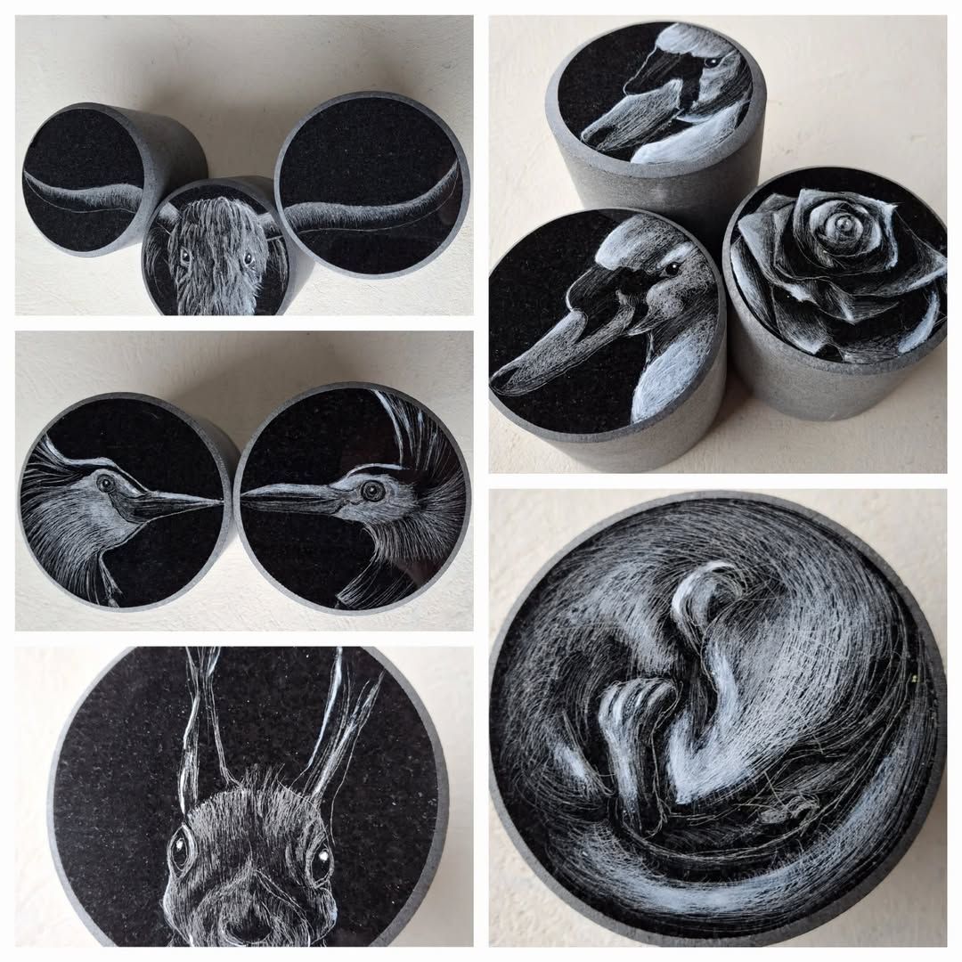 Collage of black-and-white circular abstract animal portraits on marble door stops or paperweights