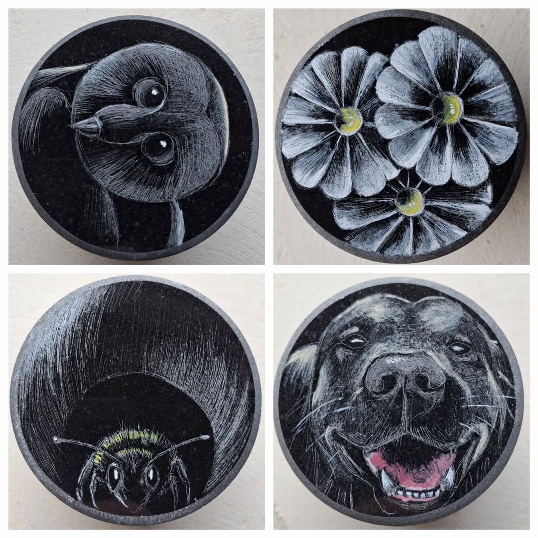 Four round pet portraits in black and gray: two flowers, a cat, and a smiling dog.