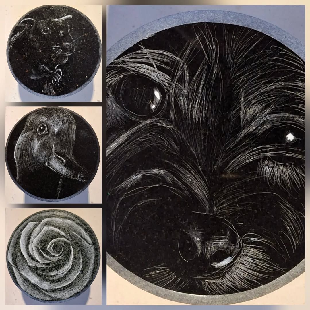 Three circular close-ups of a black dog portrait and a gray spiral, beside a larger black dog face artwork.