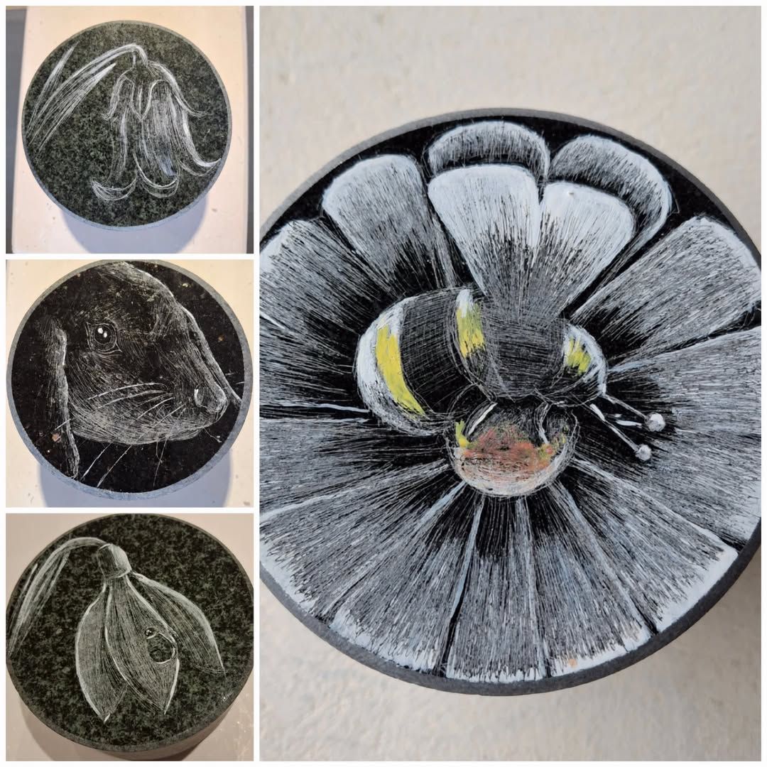 Three views of a dark round craft with a white flower-like pattern and a yellow center on a beige background