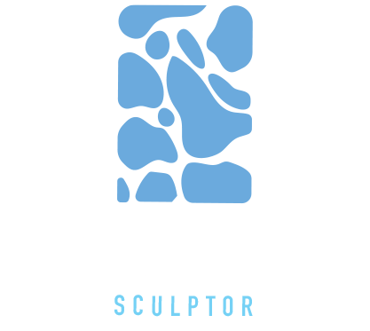 A blue logo Nick Rugg sculptor on a white background.