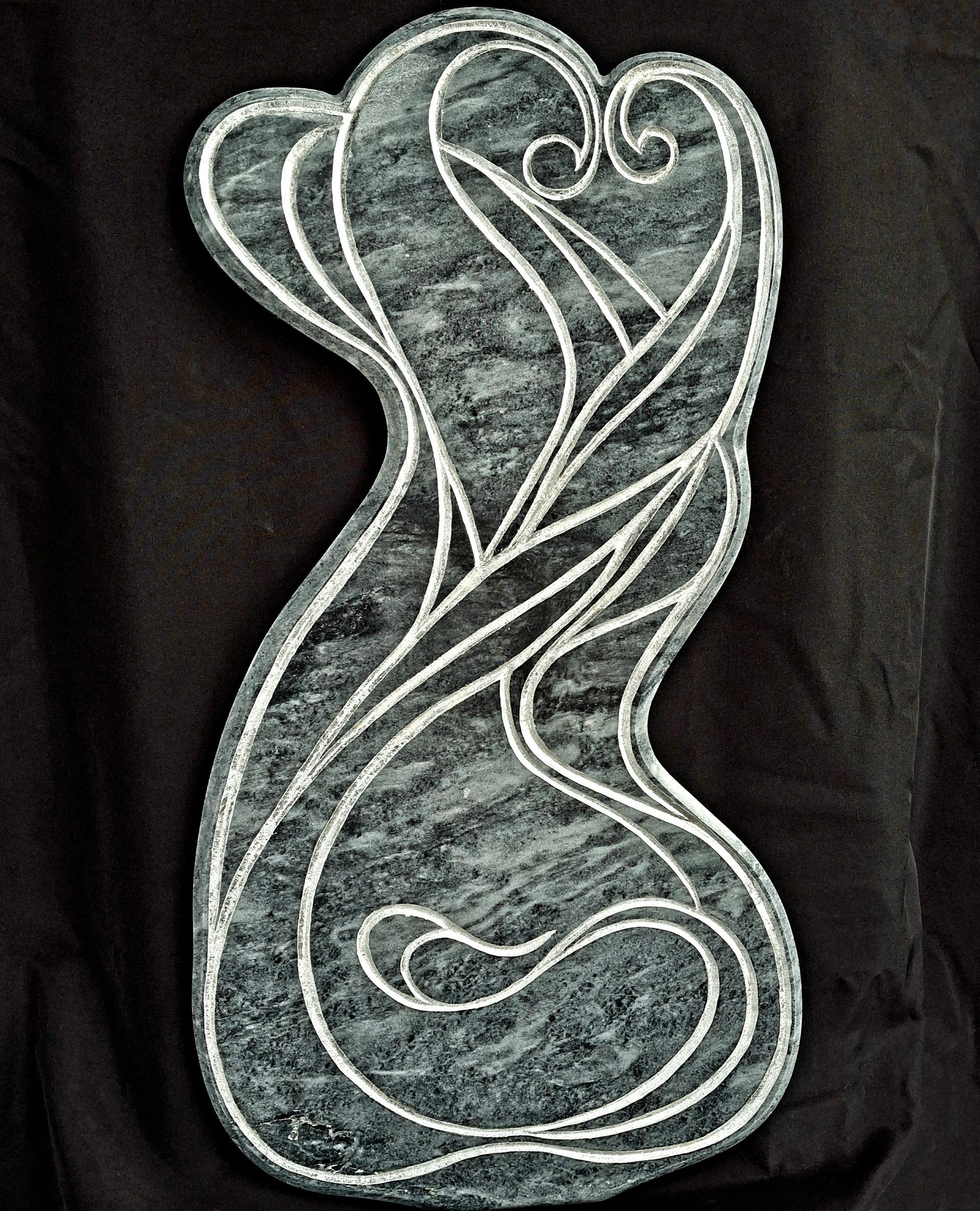 A black background with a white swirl on it