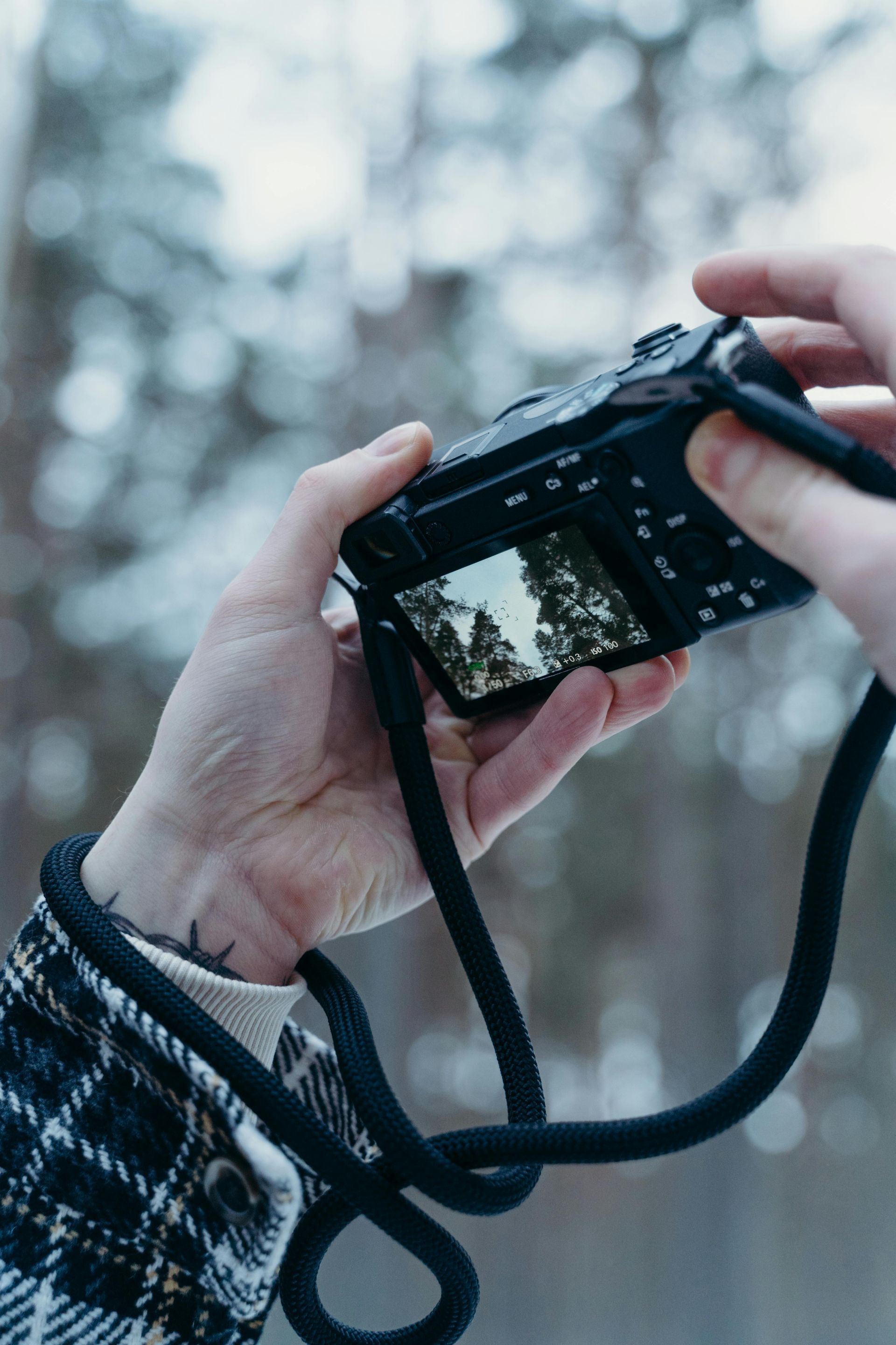 Hand holding up a camera pointed at the sky