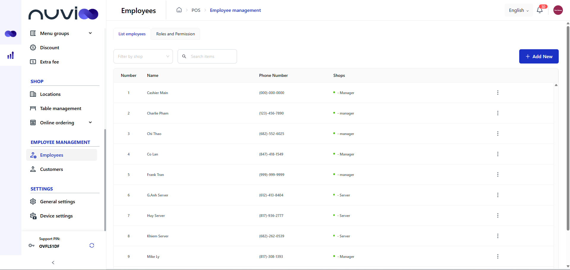 Web interface with a sidebar menu on the left and a data table on the right.  