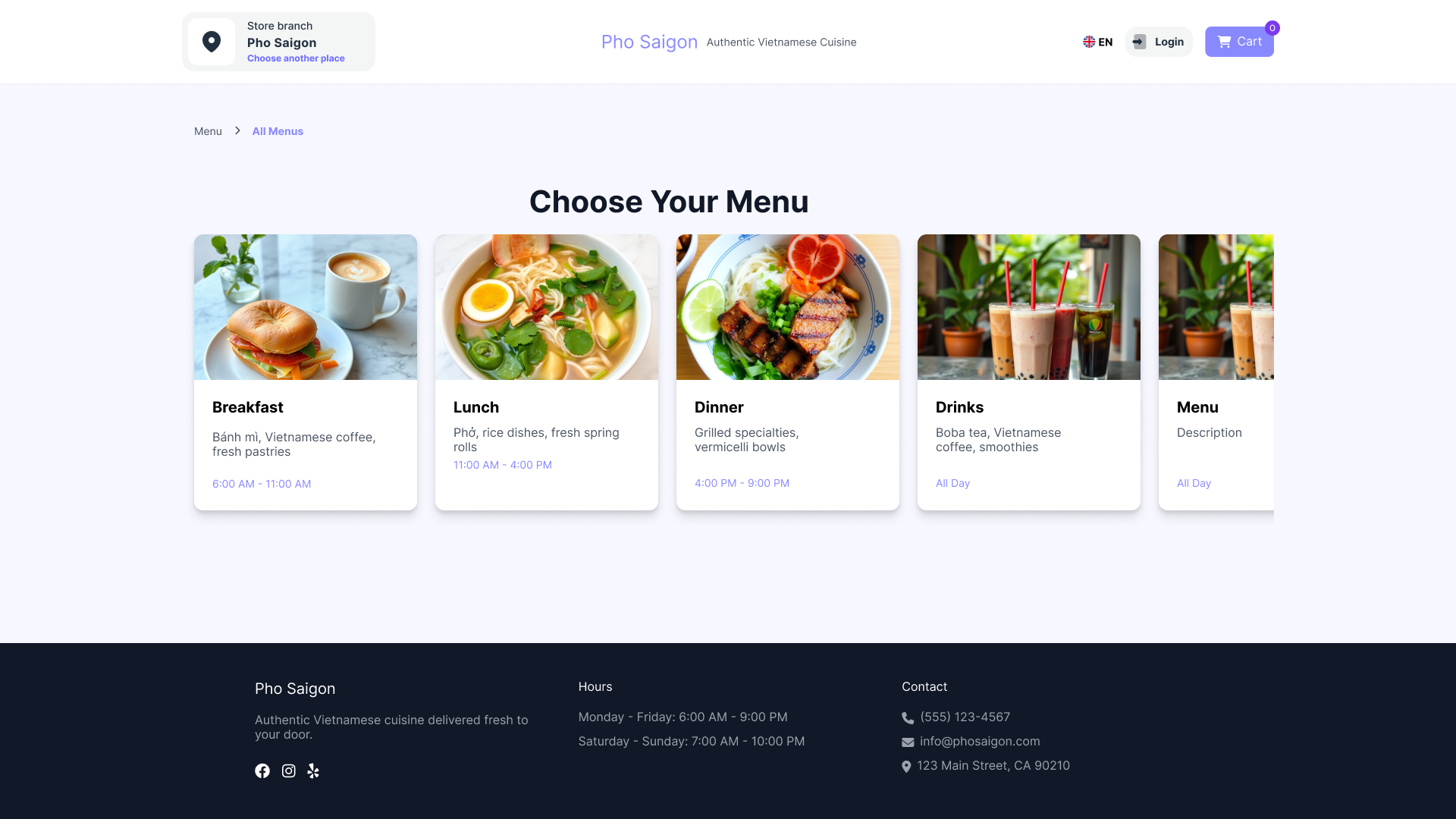 Restaurant menu page with options for breakfast, lunch, dinner, drinks, and snacks.