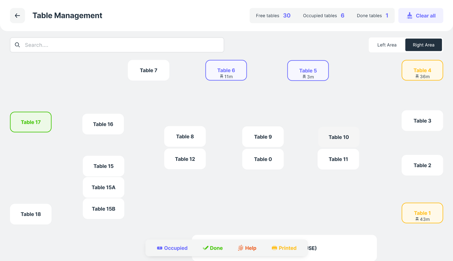 Table management interface displaying tables in a restaurant. Some tables are highlighted, suggesting status.