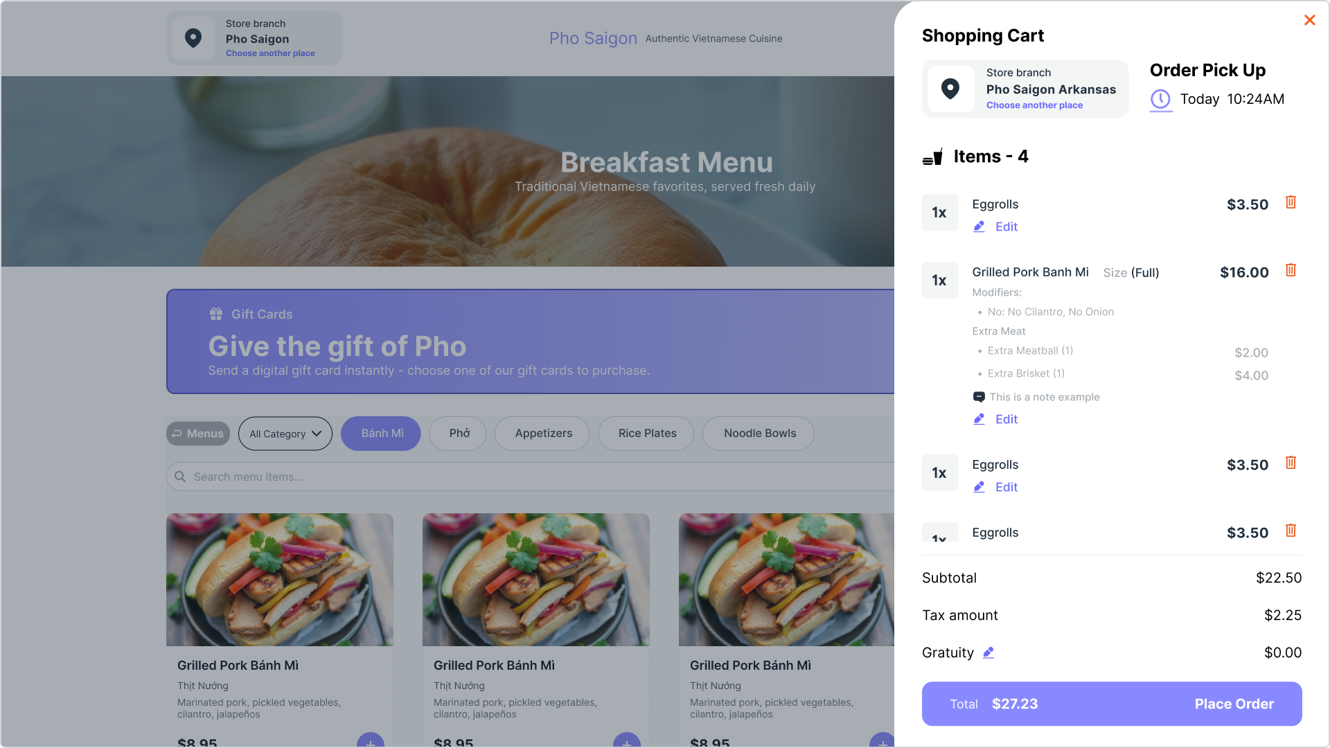 Website interface, breakfast menu with shopping cart summary displaying items and order total.