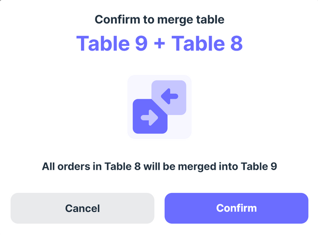 Confirmation dialog to merge tables, showing Table 8's orders will merge into Table 9. 