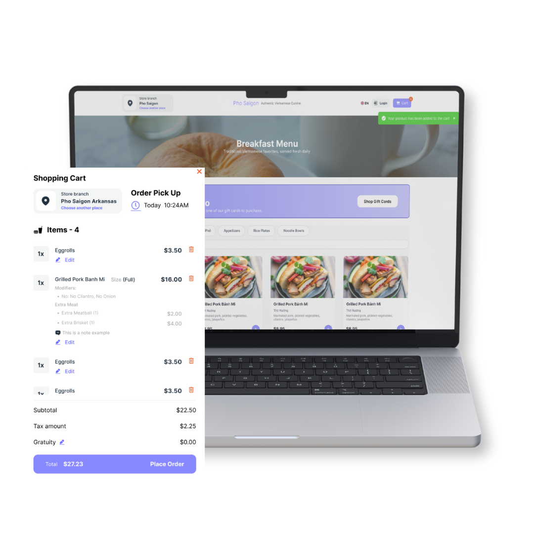 Laptop displaying a food ordering website, a mobile order menu is open, featuring food items and pricing.