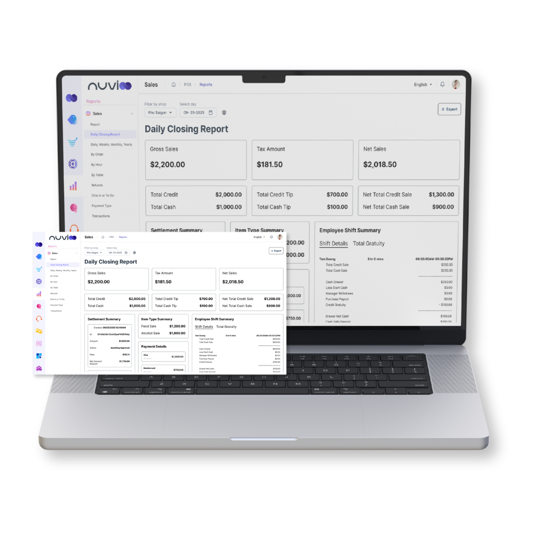 Laptop displaying a financial dashboard with a smaller, detailed table overlapping it.