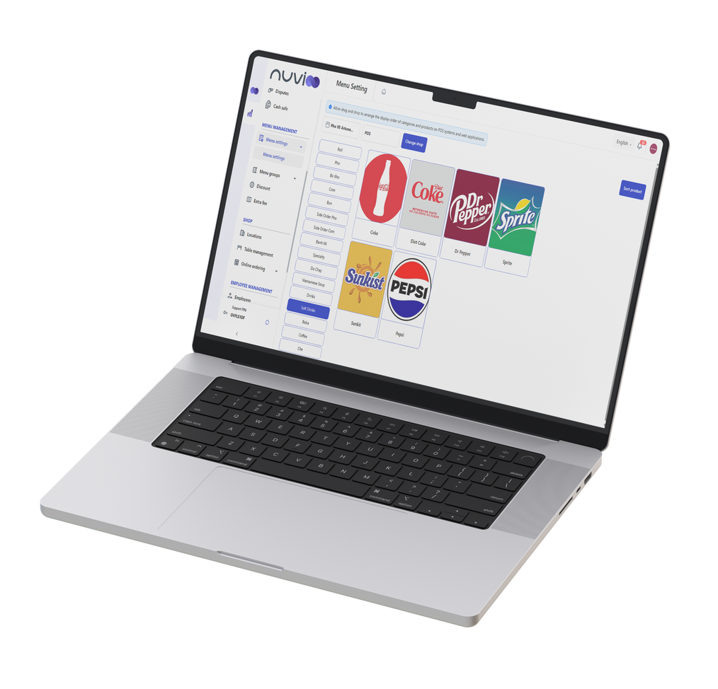 Laptop displaying a beverage inventory management interface with soda brand logos.