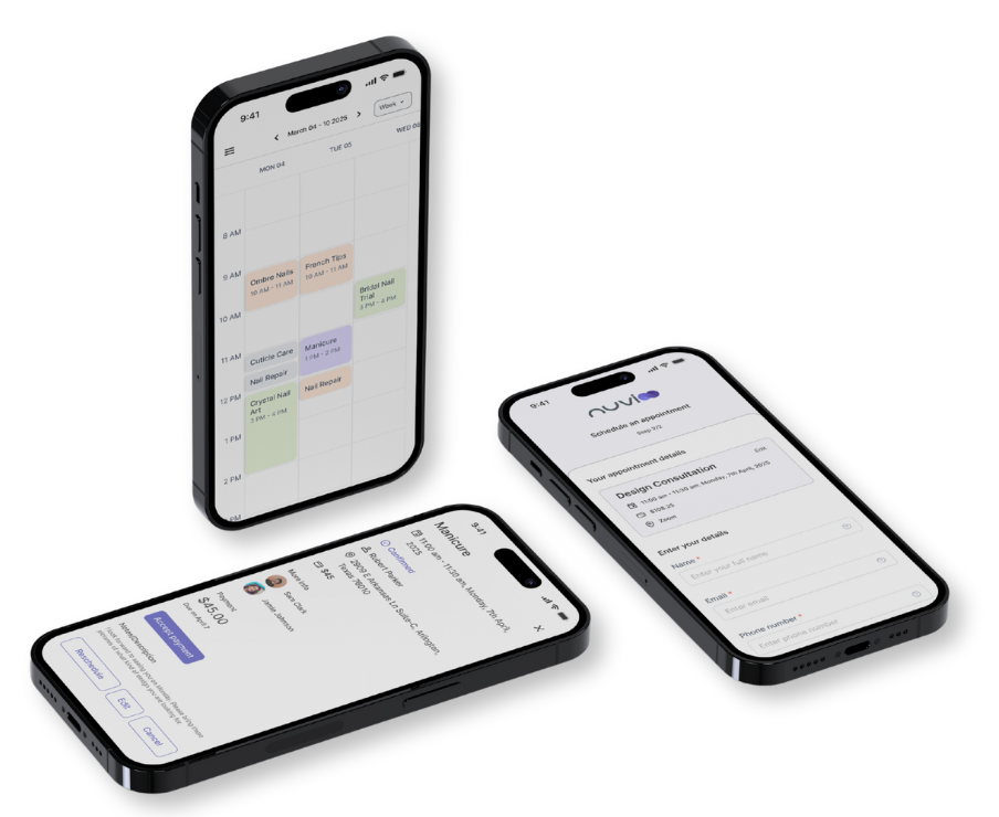 Three smartphones displaying a calendar, a form, and a list, arranged in a group.