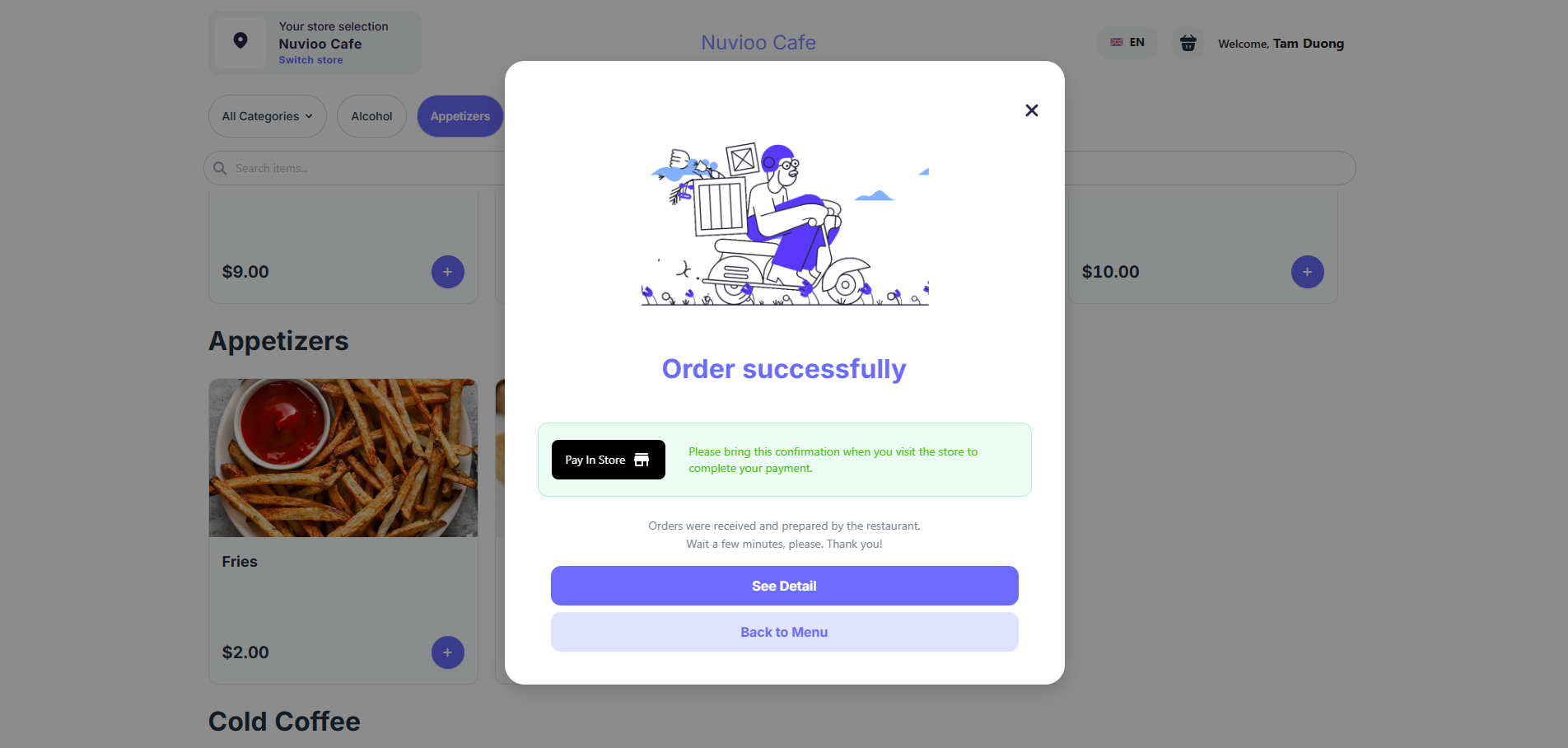A pop-up confirms a successful order. It shows an illustration and buttons to see the order or return to the menu.