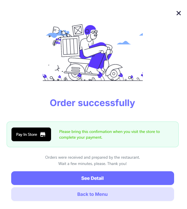 Order confirmation: Illustration of a delivery person on a scooter, order successfully message, and payment details.