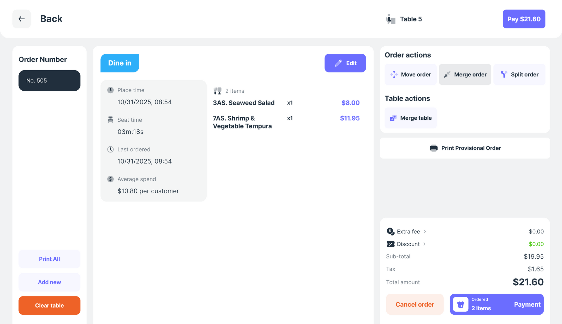 Screenshot of a dashboard with a menu on the left, order details, and payment information.