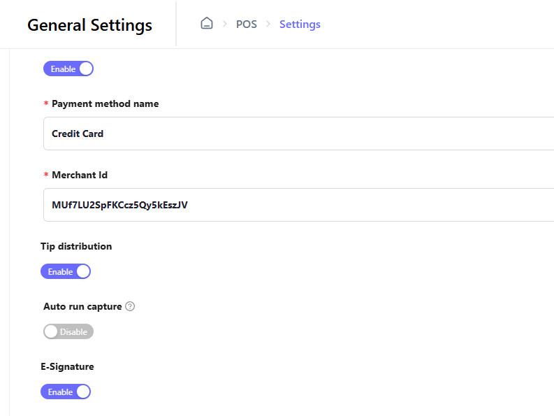 Screenshot of POS settings page with payment options, including 'Enable' toggle switches and fields.