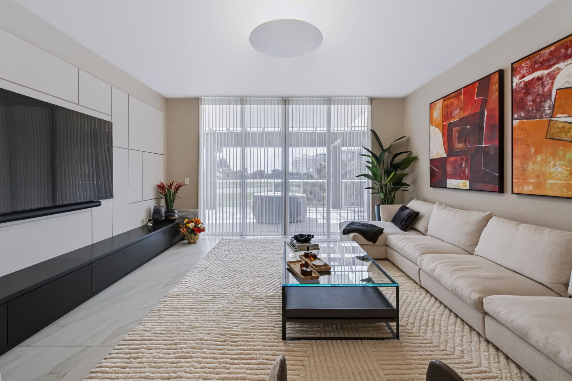 Living room with custom entertainment wall, Barbakoff Residence at Alina Residences, Boca Raton